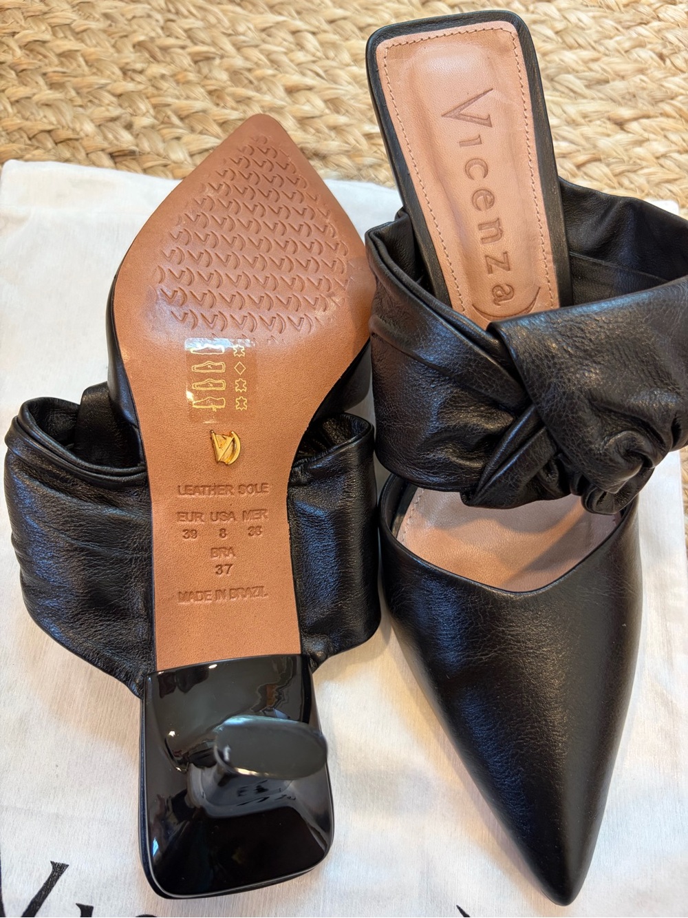 Vicenza Knotted Kitten Heels - Black Matte Leather Mules | Size 39 - Picture 5 of 6